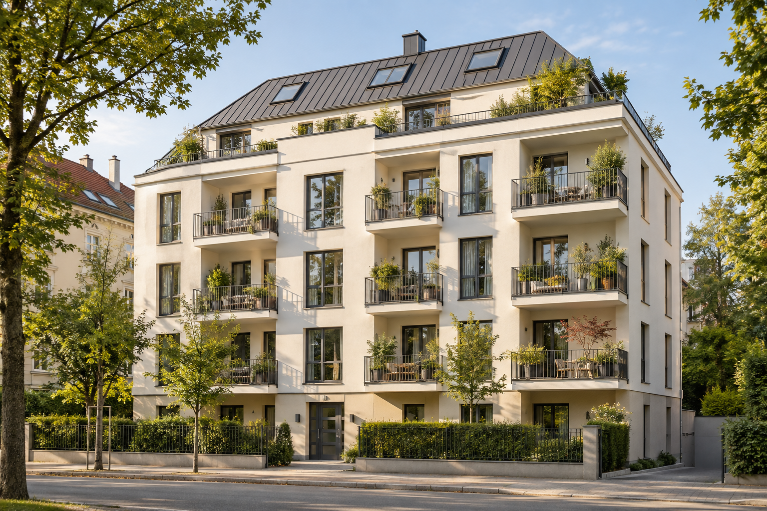 Vollständig sichtbares Wohnhaus mit begrünten Balkonen