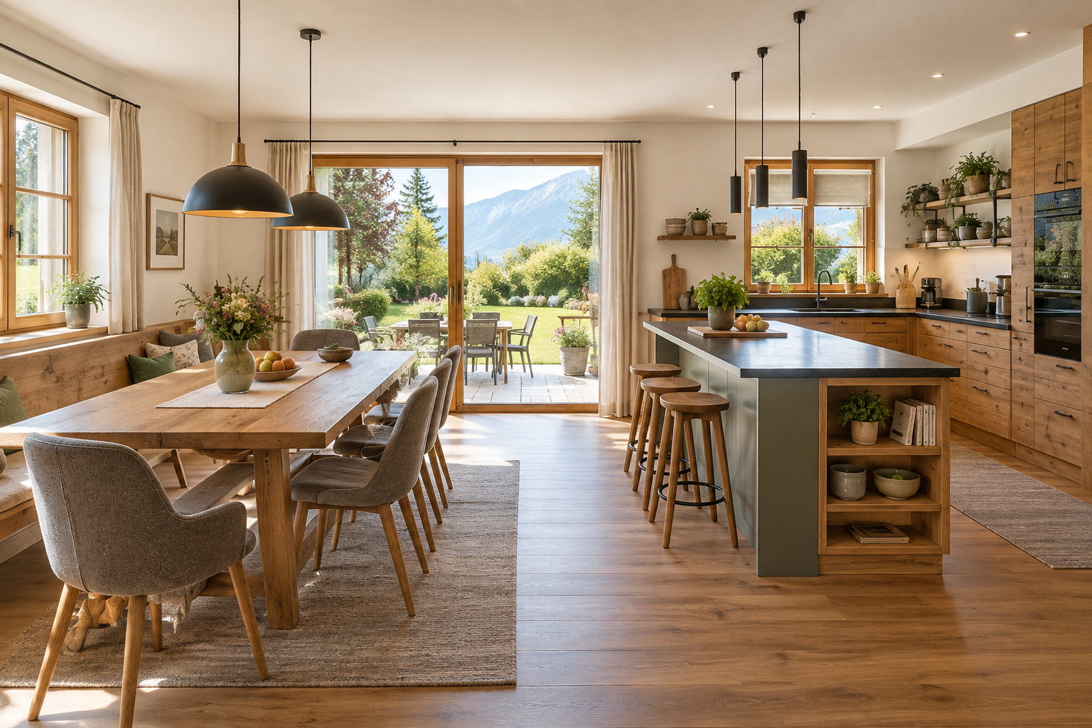 Helle Küche mit Esstisch und Blick in einen Garten
